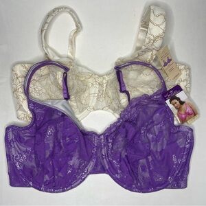 NWT Lot 2 Cacique 40F Bras White & Purple Lace Underwire Unlined Full Coverage